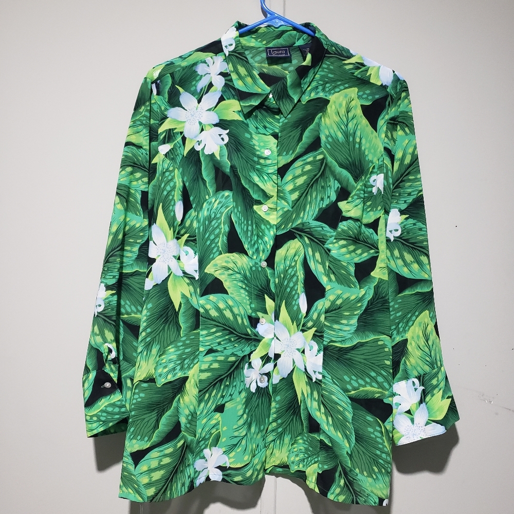 Laura Scott Tropical Palm Leaf Floral Button Down Sheer Top Shirt Plus Size 18